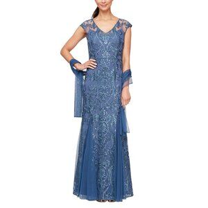 NWT Alex Evenings Wedgewood Blue Sequin Embroidered Formal Dress